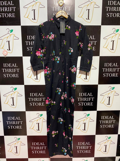 LIMELIGHT |M| BUST 18| A13| BLACK FLORAL PRINT MAXI SHIRT DRESS - LONG SLEEVE COLLARED DRESS