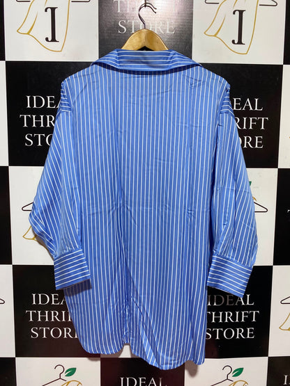 ZARA |S| BUST 25| A13| BLUE & WHITE STRIPED OVERSIZED BUTTON-DOWN SHIRT - LONG SLEEVE CASUAL BLOUSE