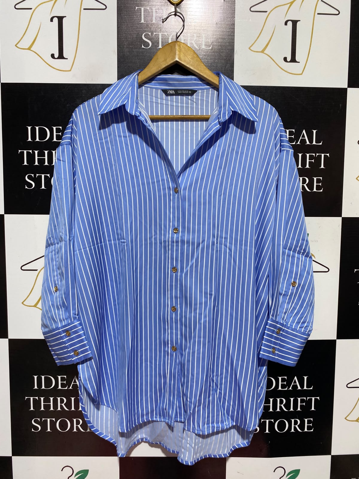 ZARA |S| BUST 25| A13| BLUE & WHITE STRIPED OVERSIZED BUTTON-DOWN SHIRT - LONG SLEEVE CASUAL BLOUSE