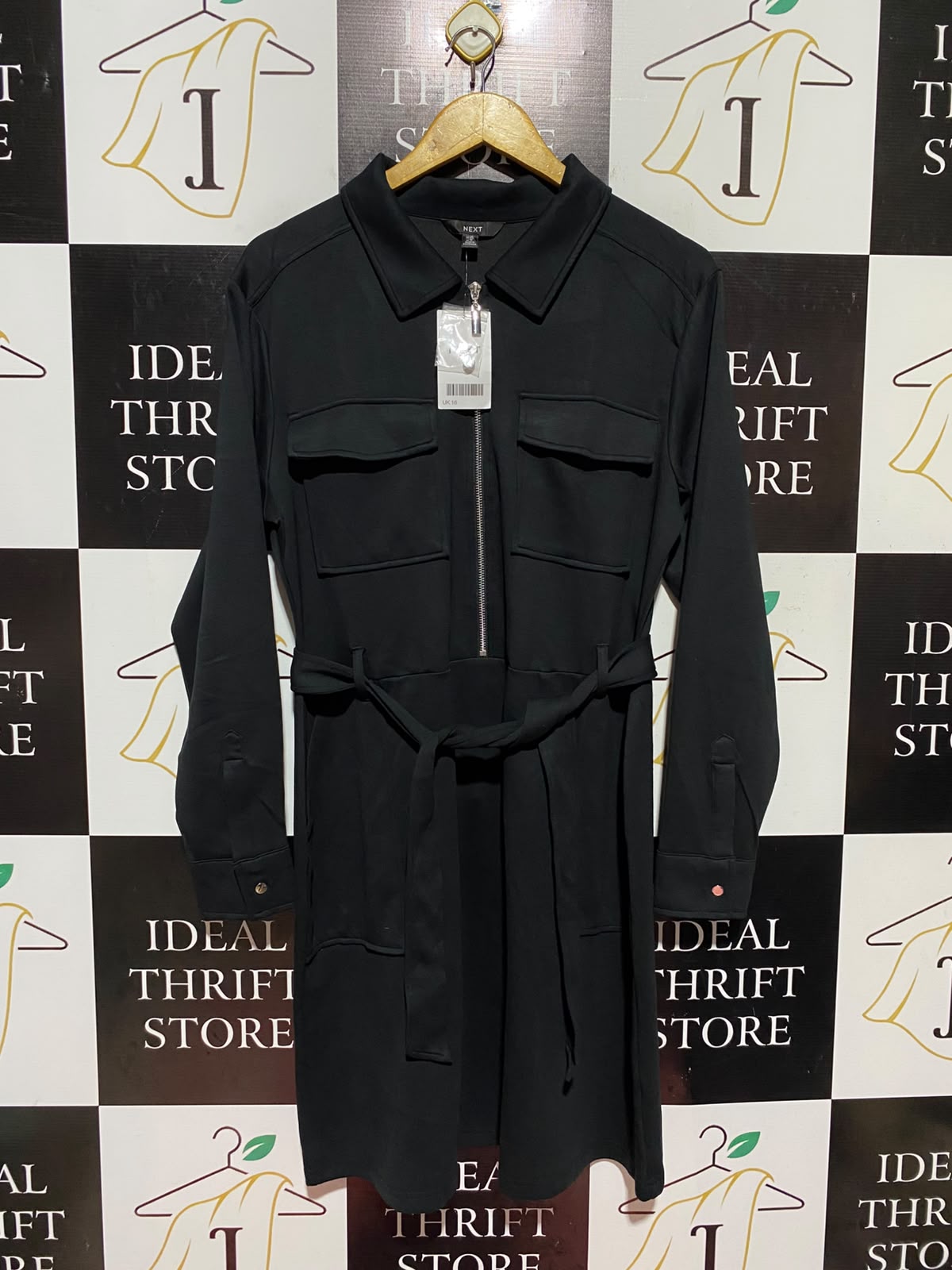 NEXT |M| BUST 19| A13| BLACK ZIP-FRONT UTILITY SHIRT DRESS - LONG SLEEVE BELTED SHIRT DRESS