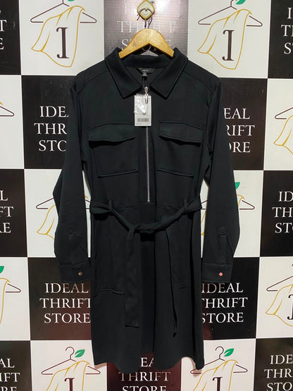 NEXT |M| BUST 19| A13| BLACK ZIP-FRONT UTILITY SHIRT DRESS - LONG SLEEVE BELTED SHIRT DRESS