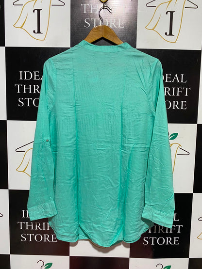 TU |L| BUST 19| A13| MINT GREEN PIN-TUCK CASUAL BLOUSE - ROLL-TAB SLEEVE SUMMER TOP