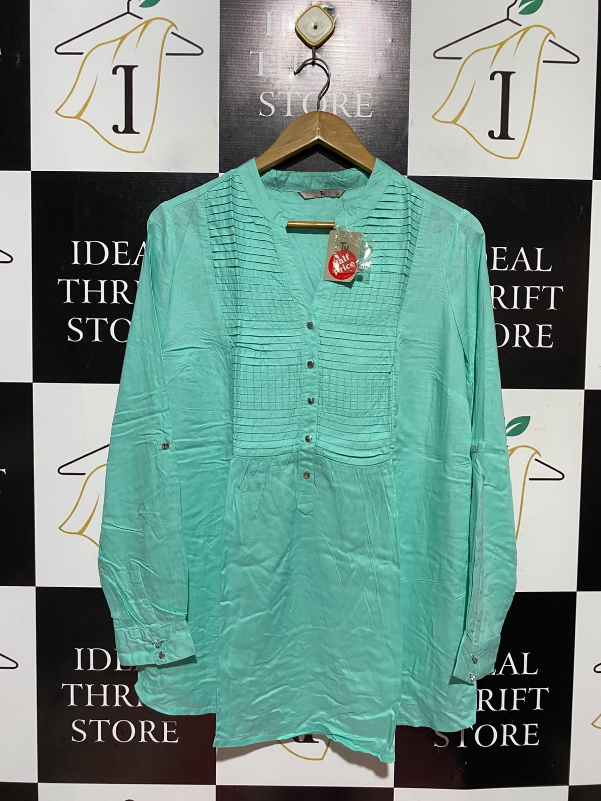 TU |L| BUST 19| A13| MINT GREEN PIN-TUCK CASUAL BLOUSE - ROLL-TAB SLEEVE SUMMER TOP
