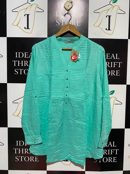 TU |L| BUST 19| A13| MINT GREEN PIN-TUCK CASUAL BLOUSE - ROLL-TAB SLEEVE SUMMER TOP
