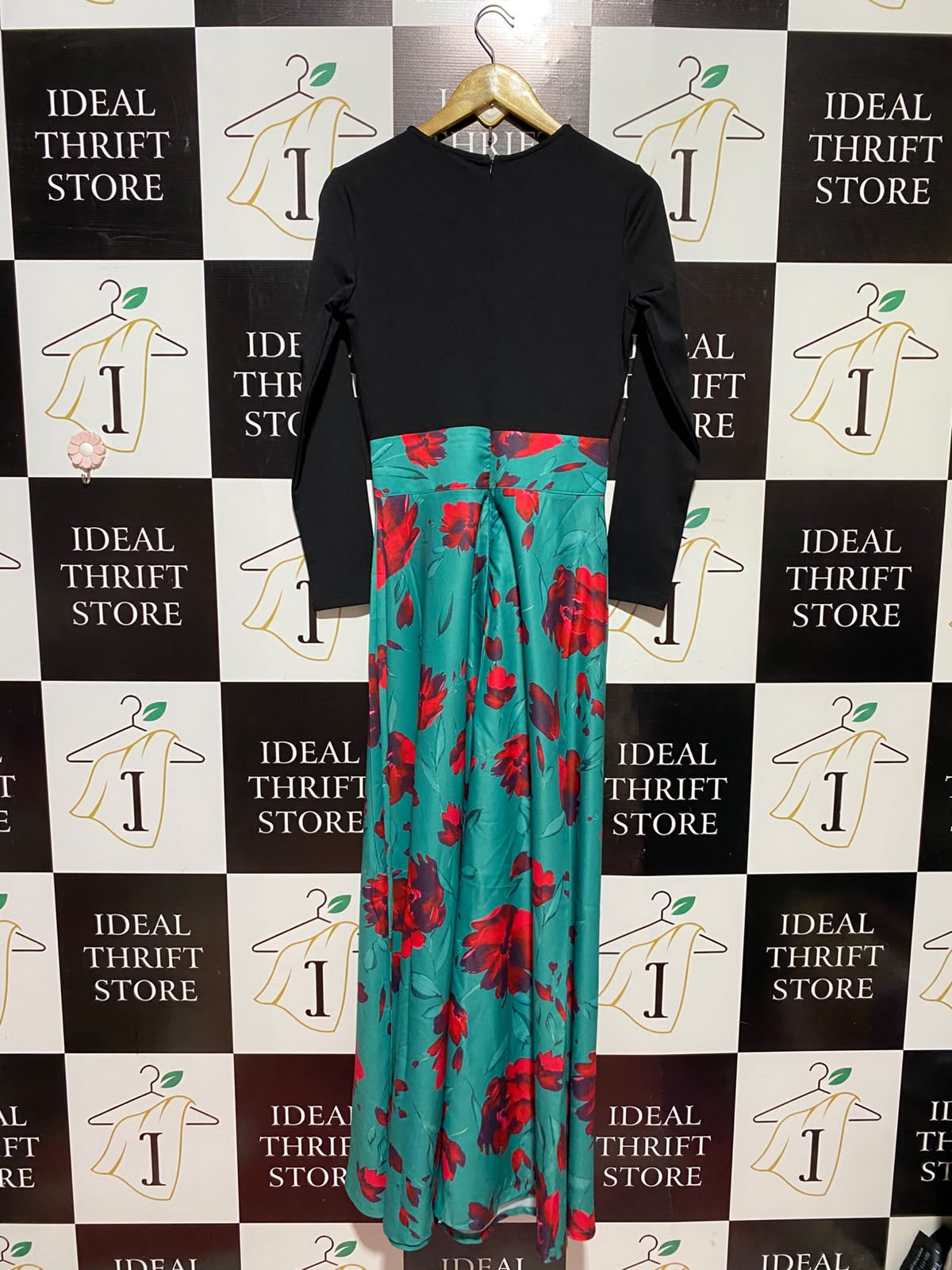 SHEIN |S| BUST 17| A13| BLACK & TEAL FLORAL TWO-TONE MAXI DRESS - LONG SLEEVE EVENING DRESS