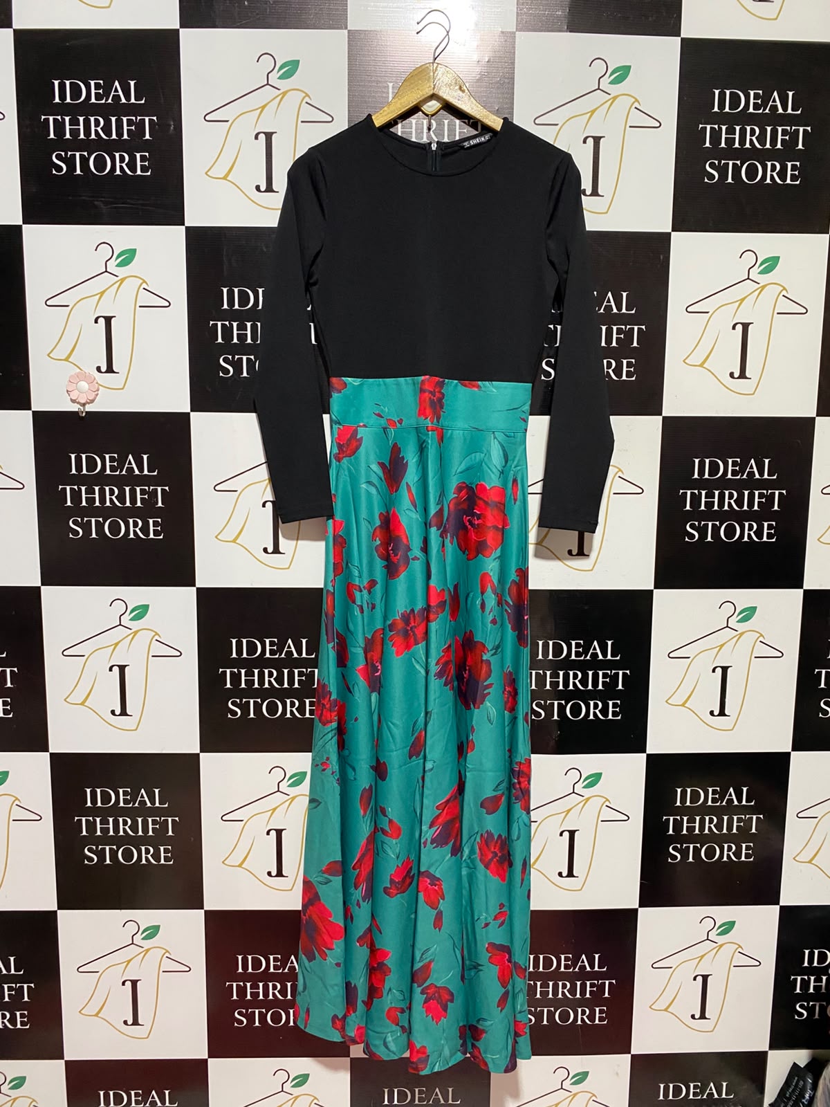 SHEIN |S| BUST 17| A13| BLACK & TEAL FLORAL TWO-TONE MAXI DRESS - LONG SLEEVE EVENING DRESS