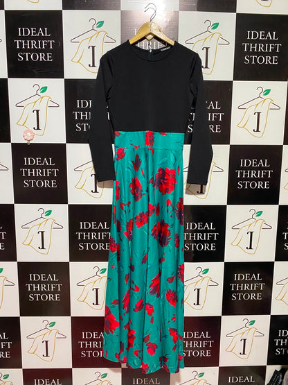 SHEIN |S| BUST 17| A13| BLACK & TEAL FLORAL TWO-TONE MAXI DRESS - LONG SLEEVE EVENING DRESS