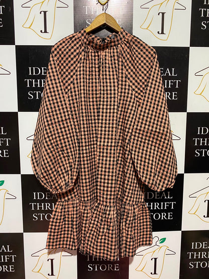 ASOS |L| BUST 23| A13| PEACH & BLACK GINGHAM HIGH-NECK MINI DRESS - PUFF SLEEVE PEPLUM DRESS