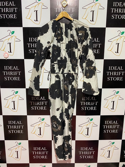 H&M |M| BUST 20| A13| BLACK & WHITE FLORAL DRAWSTRING MAXI DRESS - LONG SLEEVE BOHO DRESS