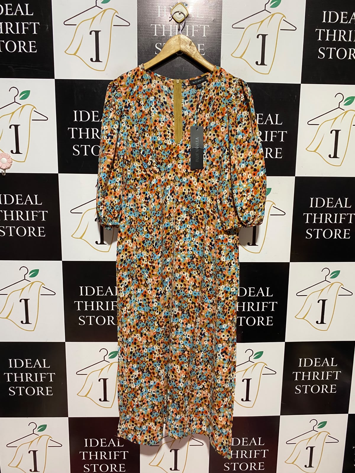 BLUE VANILLA |M| BUST 18| A13| BLUE VANILLA MULTICOLOR FLORAL FRONT-ZIP MIDI DRESS - PUFF SLEEVE CASUAL DRESS