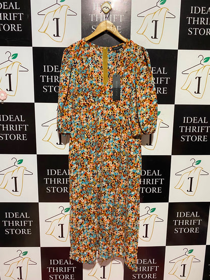 BLUE VANILLA |M| BUST 18| A13| BLUE VANILLA MULTICOLOR FLORAL FRONT-ZIP MIDI DRESS - PUFF SLEEVE CASUAL DRESS