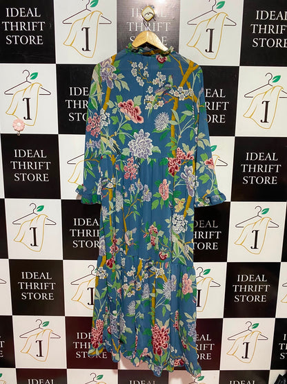 H&M |XS| BUST 13| A13| TEAL BLUE BOTANICAL & BIRD PRINT TIERED MAXI DRESS