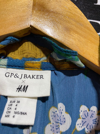 H&M |XS| BUST 13| A13| TEAL BLUE BOTANICAL & BIRD PRINT TIERED MAXI DRESS
