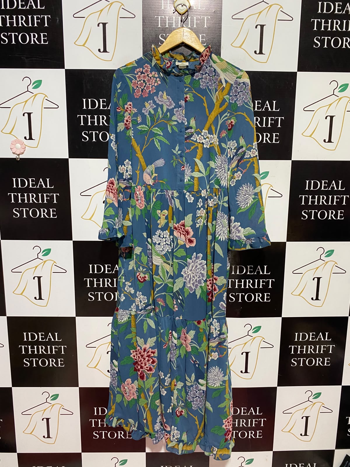H&M |XS| BUST 13| A13| TEAL BLUE BOTANICAL & BIRD PRINT TIERED MAXI DRESS