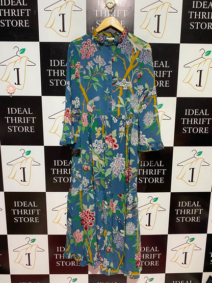 H&M |XS| BUST 13| A13| TEAL BLUE BOTANICAL & BIRD PRINT TIERED MAXI DRESS