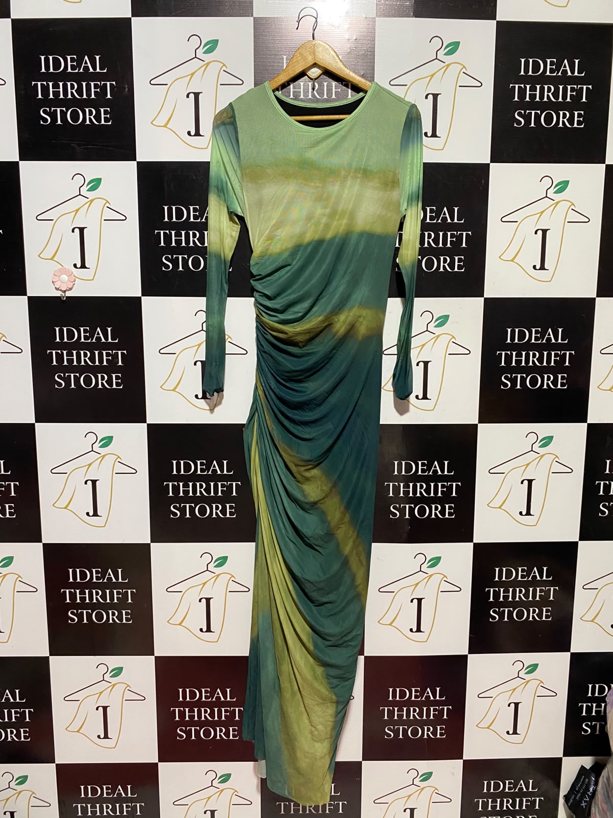 SHEIN |M| BUST 15| A13| GREEN OMBRE RUCHED MAXI DRESS - LONG SLEEVE BODYCON EVENING DRESS