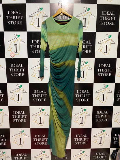 SHEIN |M| BUST 15| A13| GREEN OMBRE RUCHED MAXI DRESS - LONG SLEEVE BODYCON EVENING DRESS