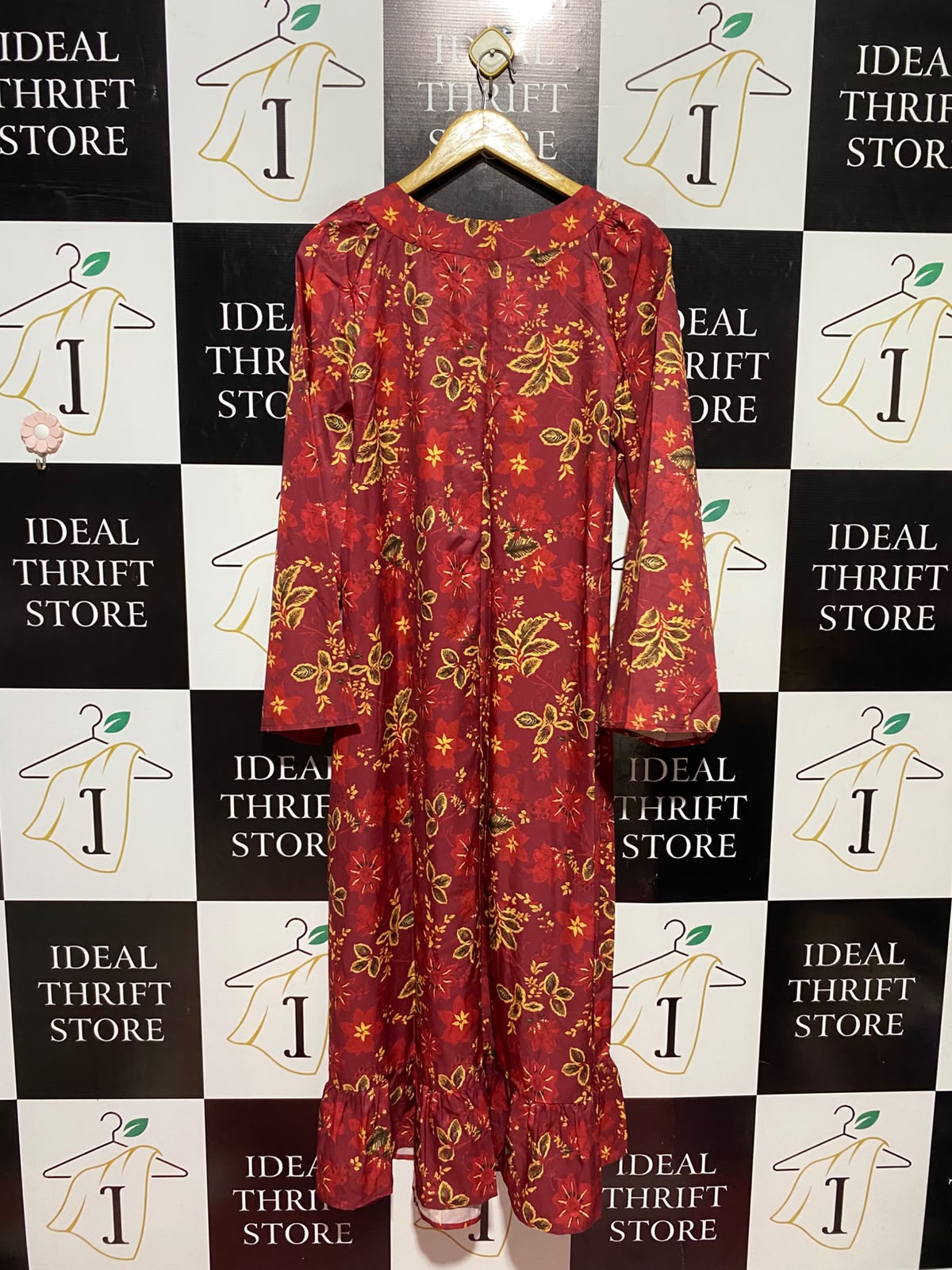 SHEIN |M| BUST 20| A13| MAROON & GOLD FLORAL MAXI DRESS - LONG SLEEVE BOHO DRESS