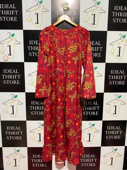 SHEIN |M| BUST 20| A13| MAROON & GOLD FLORAL MAXI DRESS - LONG SLEEVE BOHO DRESS