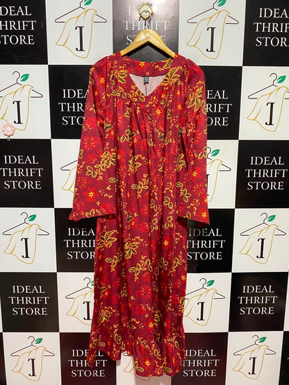 SHEIN |M| BUST 20| A13| MAROON & GOLD FLORAL MAXI DRESS - LONG SLEEVE BOHO DRESS