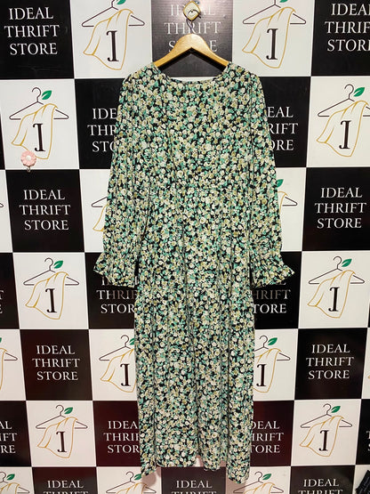 |XXL| BUST 21| A13| BLACK & GREEN DITSY FLORAL MAXI DRESS - LONG SLEEVE SMOCKED CUFF DRESS