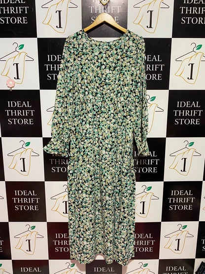 |XXL| BUST 21| A13| BLACK & GREEN DITSY FLORAL MAXI DRESS - LONG SLEEVE SMOCKED CUFF DRESS