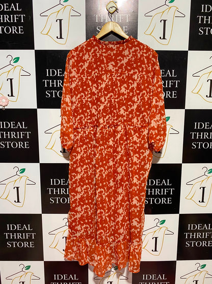 ESMARA |XL| BUST 22| A13| RUST ORANGE ABSTRACT PRINT MIDI DRESS - RUFFLED V-NECK DRESS
