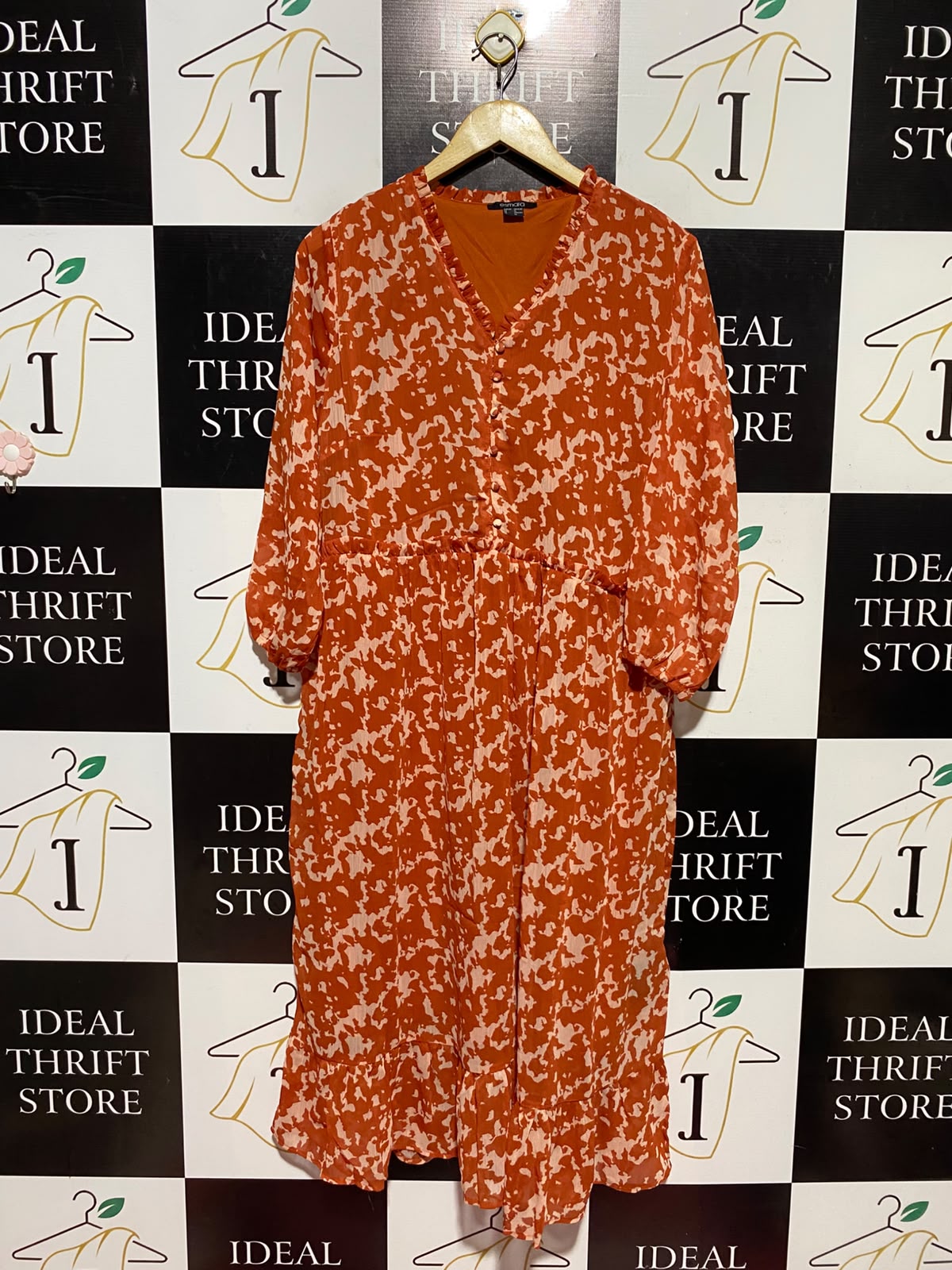ESMARA |XL| BUST 22| A13| RUST ORANGE ABSTRACT PRINT MIDI DRESS - RUFFLED V-NECK DRESS