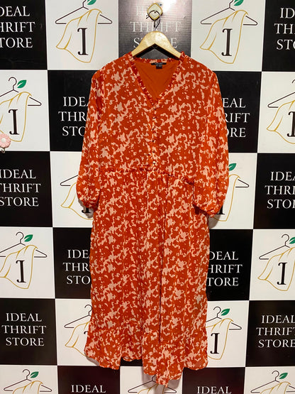 ESMARA |XL| BUST 22| A13| RUST ORANGE ABSTRACT PRINT MIDI DRESS - RUFFLED V-NECK DRESS
