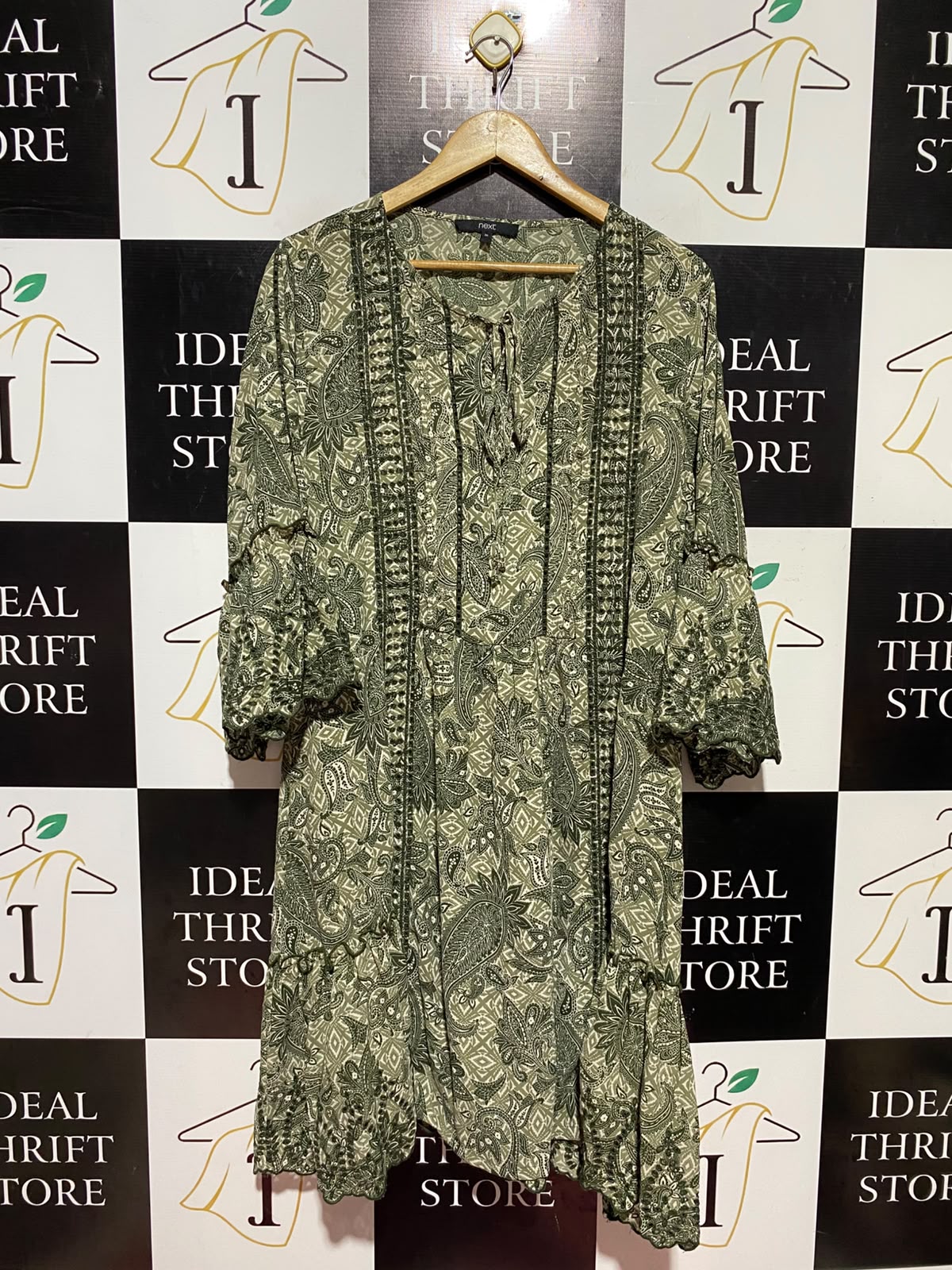 NEXT |XL| BUST 22| A13| OLIVE GREEN PAISLEY EMBROIDERED MINI DRESS - BOHO TUNIC DRESS