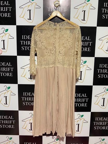 ZARA |XL| BUST 18| A13| BEIGE LACE BODICE MIDI DRESS - 3/4 SLEEVE PLEATED ELEGANT DRESS