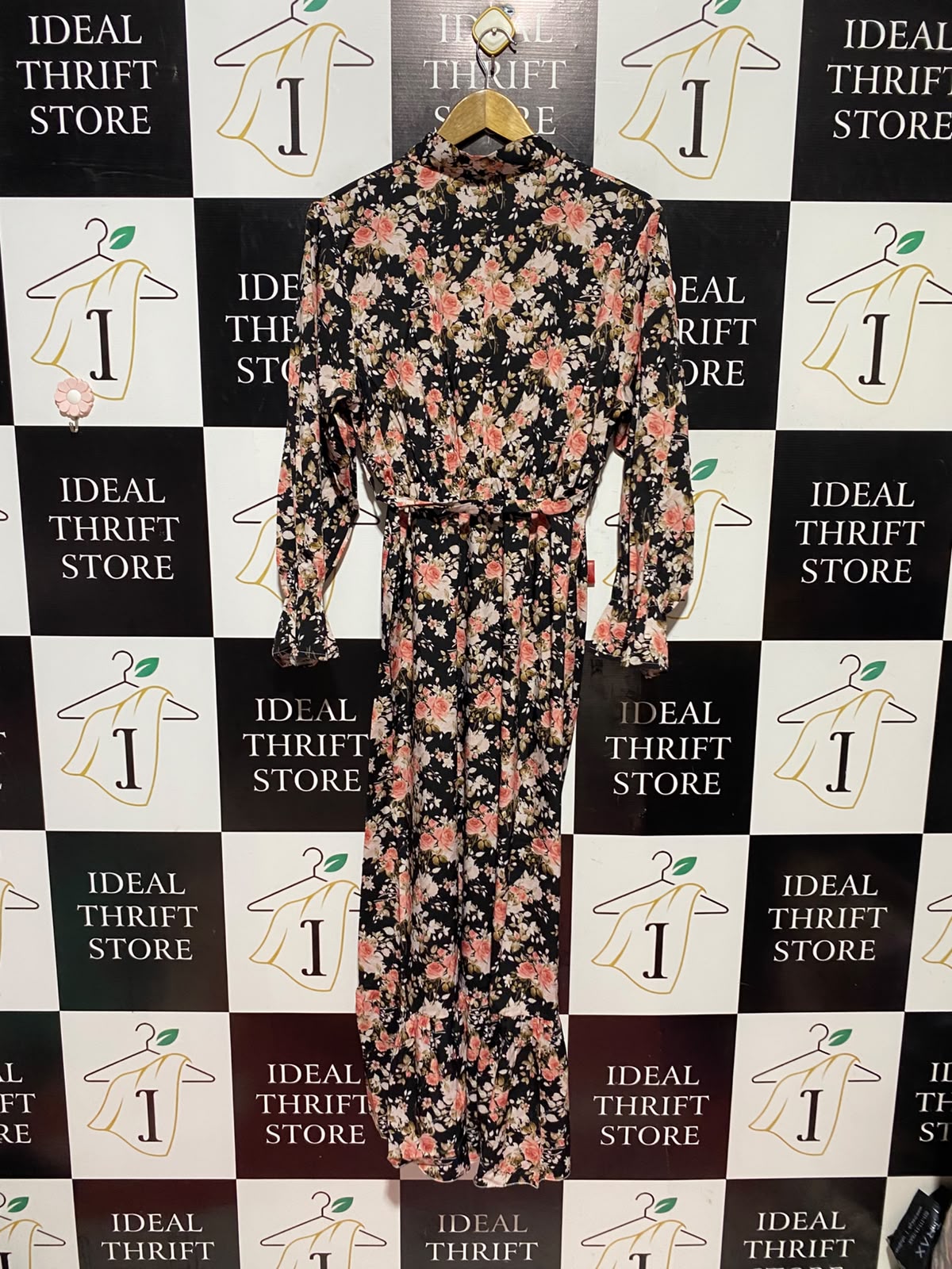 |M| BUST 19| A13| BLACK & PINK FLORAL HIGH-NECK MAXI DRESS - LONG SLEEVE BELTED DRESS