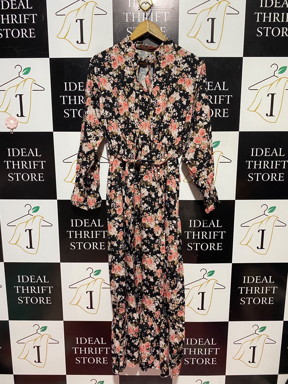 |M| BUST 19| A13| BLACK & PINK FLORAL HIGH-NECK MAXI DRESS - LONG SLEEVE BELTED DRESS