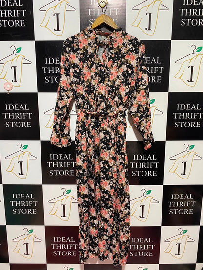 |M| BUST 19| A13| BLACK & PINK FLORAL HIGH-NECK MAXI DRESS - LONG SLEEVE BELTED DRESS