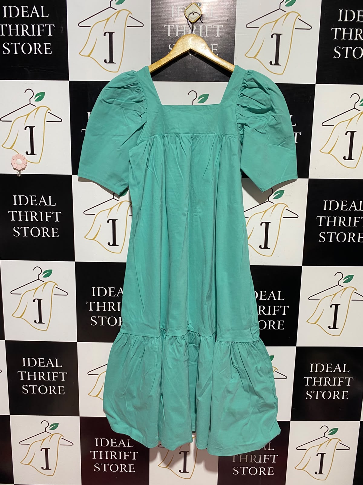 RESERVED |M| BUST 18| A13| TURQUOISE GREEN PUFF SLEEVE MIDI DRESS - SQUARE NECK TIERED DRESS