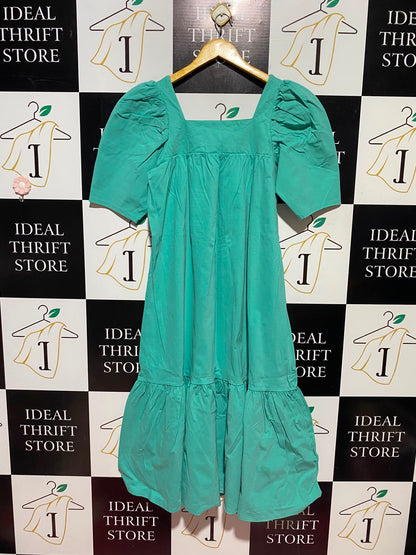 RESERVED |M| BUST 18| A13| TURQUOISE GREEN PUFF SLEEVE MIDI DRESS - SQUARE NECK TIERED DRESS