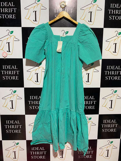 RESERVED |M| BUST 18| A13| TURQUOISE GREEN PUFF SLEEVE MIDI DRESS - SQUARE NECK TIERED DRESS