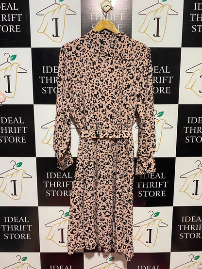 M&S |L| BUST 21| A13| PINK LEOPARD PRINT SHIRT DRESS - LONG SLEEVE BELTED MIDI DRESS