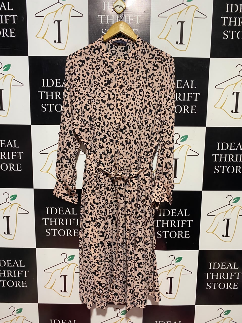 M&S |L| BUST 21| A13| PINK LEOPARD PRINT SHIRT DRESS - LONG SLEEVE BELTED MIDI DRESS