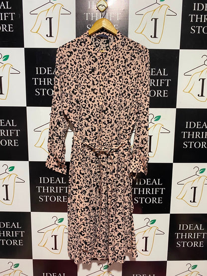 M&S |L| BUST 21| A13| PINK LEOPARD PRINT SHIRT DRESS - LONG SLEEVE BELTED MIDI DRESS