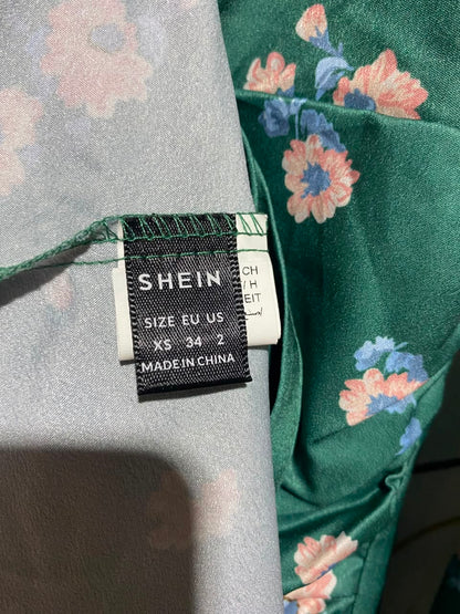 SHEIN |XS| BUST 15| A13| EMERALD GREEN FLORAL RUCHED MAXI DRESS - LONG SLEEVE TIERED DRESS