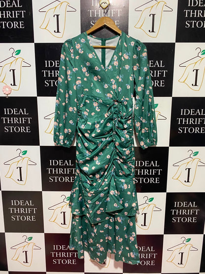 SHEIN |XS| BUST 15| A13| EMERALD GREEN FLORAL RUCHED MAXI DRESS - LONG SLEEVE TIERED DRESS