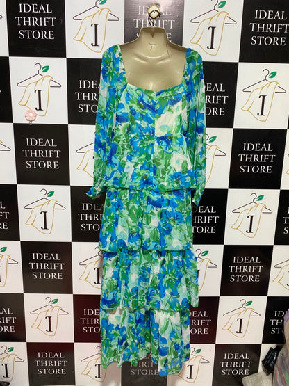 QUIZ |M| BUST 17| A12| BLUE & GREEN FLORAL TIERED MAXI DRESS - SWEETHEART NECK LONG SLEEVE DRESS
