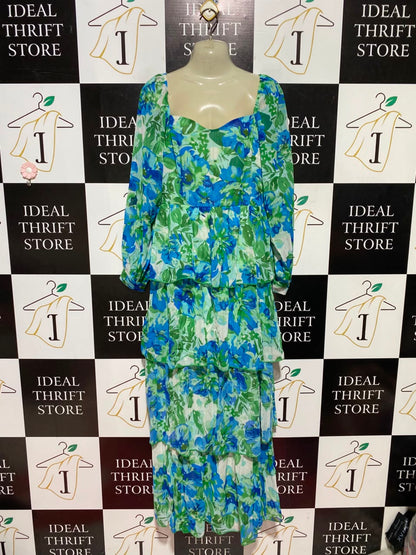 QUIZ |M| BUST 17| A12| BLUE & GREEN FLORAL TIERED MAXI DRESS - SWEETHEART NECK LONG SLEEVE DRESS