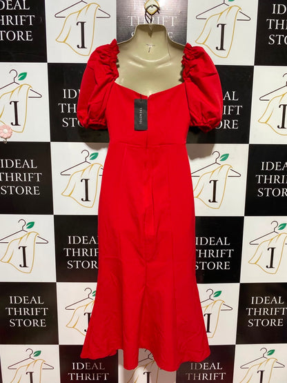 TRENDYOL |S| BUST 15| A12| RED PUFF SLEEVE SWEETHEART MIDI DRESS - ELEGANT MERMAID SILHOUETTE DRESS