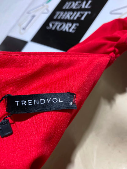 TRENDYOL |S| BUST 15| A12| RED PUFF SLEEVE SWEETHEART MIDI DRESS - ELEGANT MERMAID SILHOUETTE DRESS