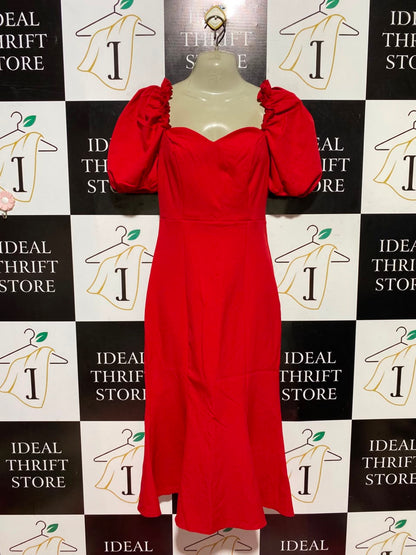 TRENDYOL |S| BUST 15| A12| RED PUFF SLEEVE SWEETHEART MIDI DRESS - ELEGANT MERMAID SILHOUETTE DRESS