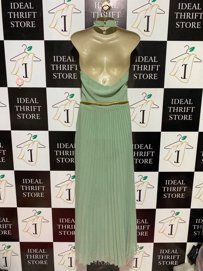 W COLLECTION |M| BUST 16| A12| SAGE GREEN PLEATED HALTER MIDI DRESS - SLEEVELESS BELTED EVENING DRESS