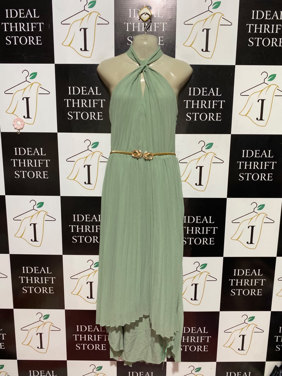 W COLLECTION |M| BUST 16| A12| SAGE GREEN PLEATED HALTER MIDI DRESS - SLEEVELESS BELTED EVENING DRESS