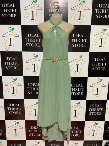W COLLECTION |M| BUST 16| A12| SAGE GREEN PLEATED HALTER MIDI DRESS - SLEEVELESS BELTED EVENING DRESS
